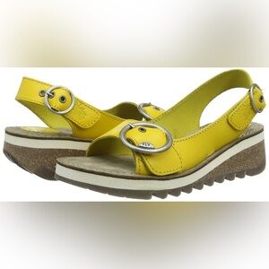 Fly London sandals Bright Yellow Buckle Sandals quirky slight wedge sz 11